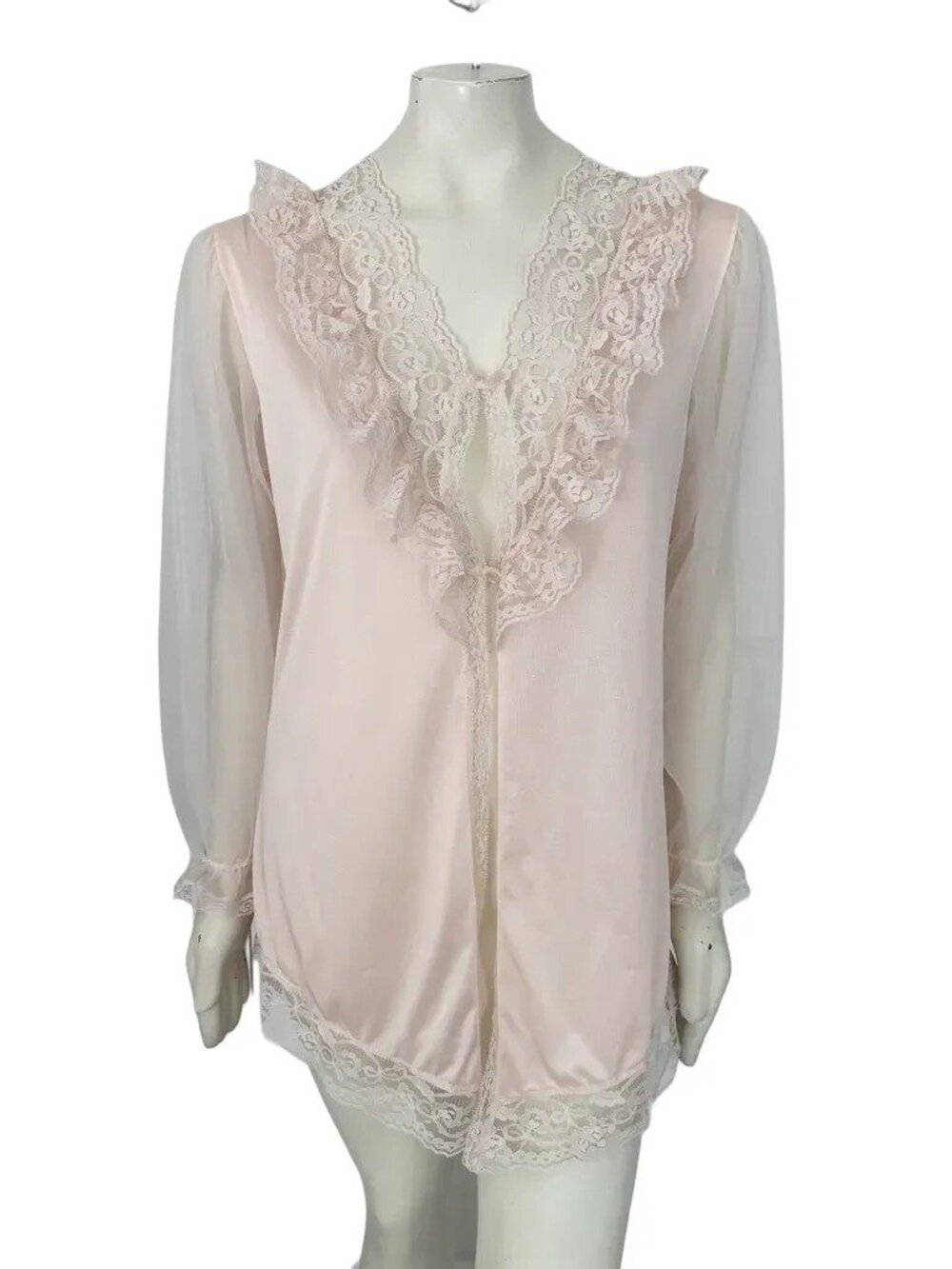 VTG 70s UNDERCOVER WEAR Peachy Pink Satin Lace Ruffle Peignoir Robe SZ M